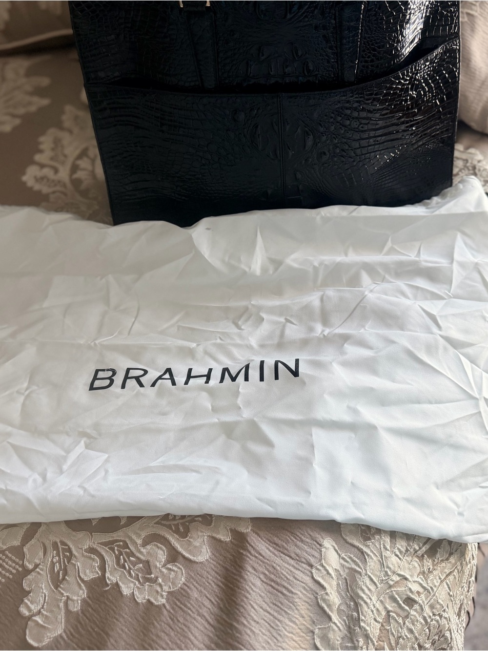 Brahmin Black Croc-Embossed Tote with Polished Hardware